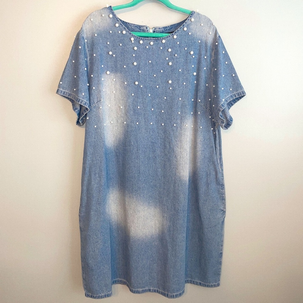 EUC Shein Light Wash Denim Dress Pearl Embellishment Size 3X